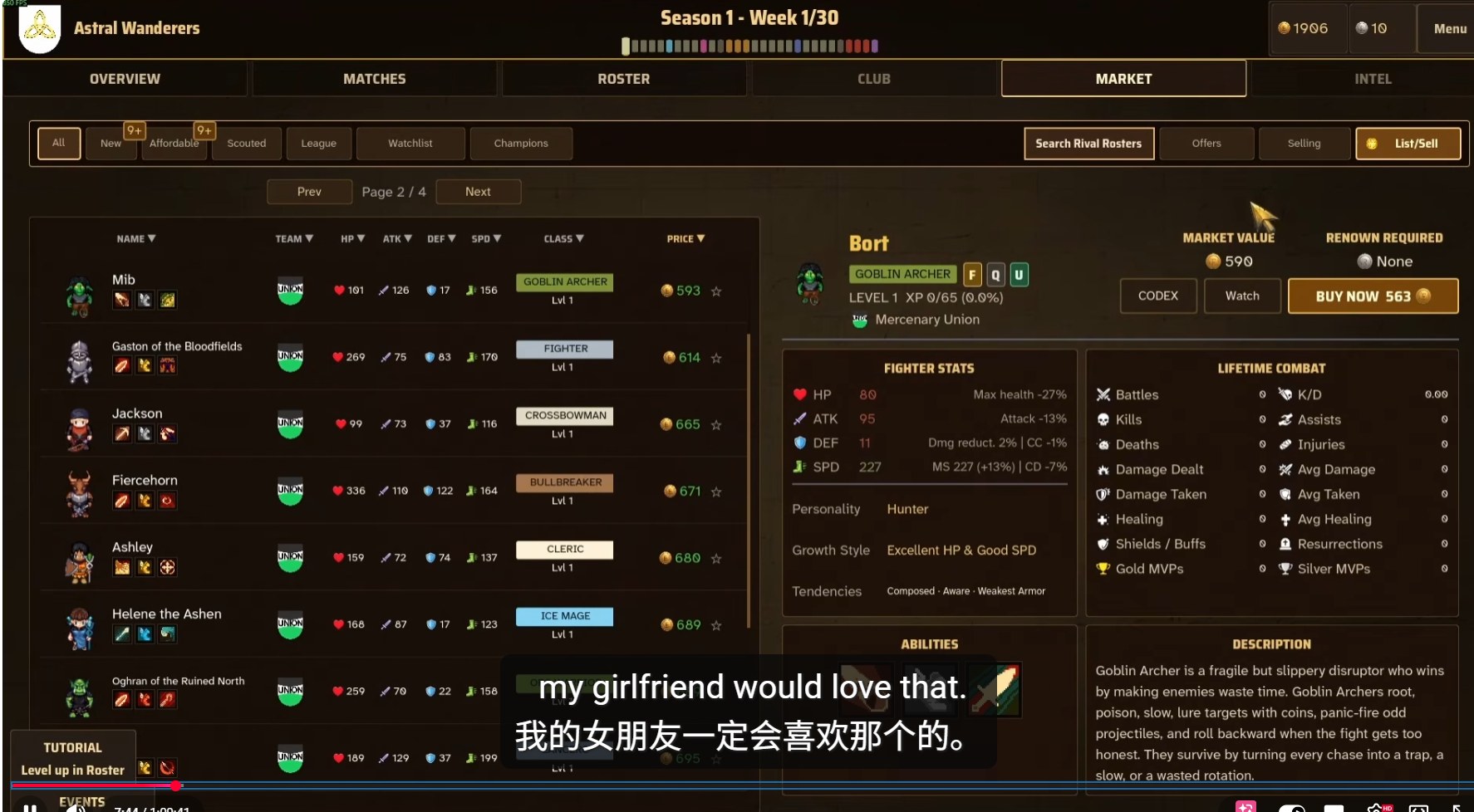Eslabong Market screen with filters and fighter details