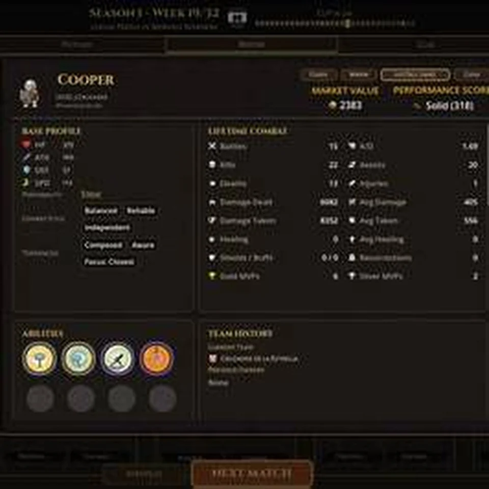 Roster / fighter-detail screen showing the kind of fields a Codex export would expose.